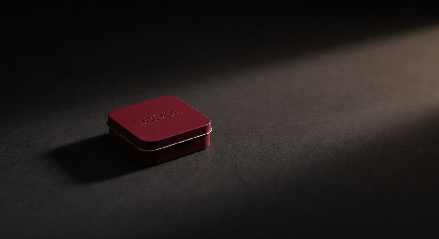 Drool Slick tin, closed, dramatic lighting